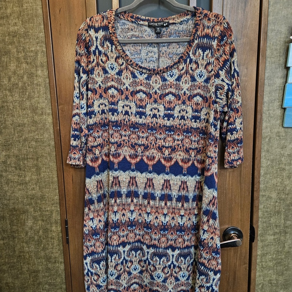 Living Doll Vibrant Knit Tunic with Blue and Brown Accents